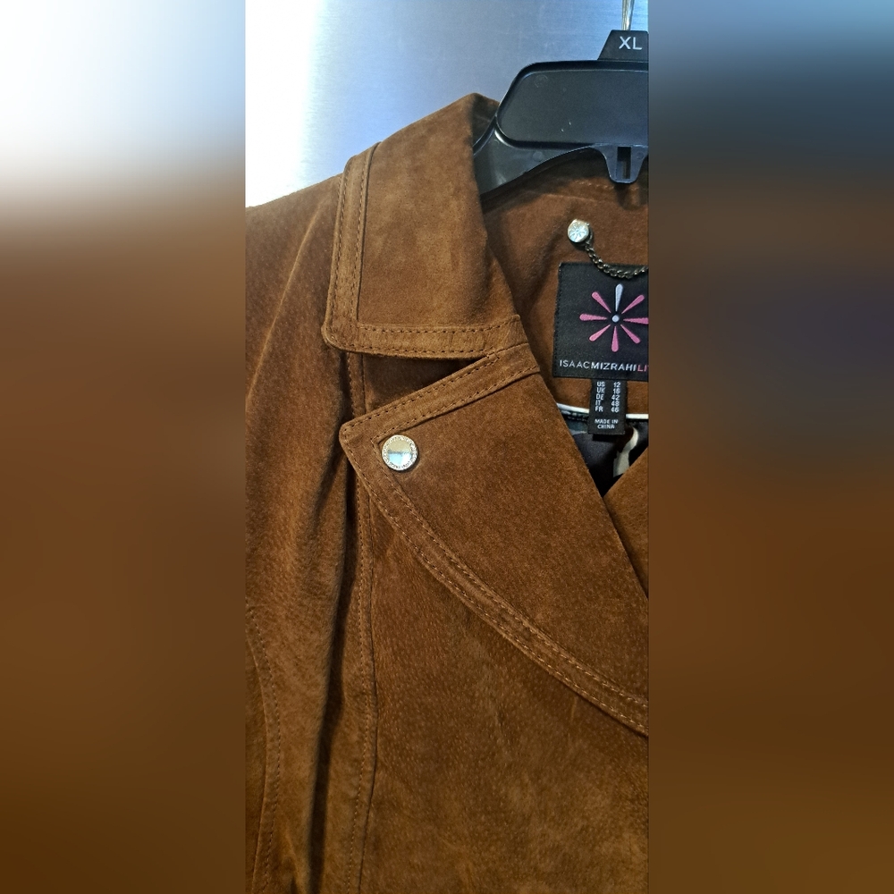 Gorgeous Isaac Mizrahi Leather Suede Motorcycle Moto Jacket Brown Gold Trim 12 - Picture 8 of 15